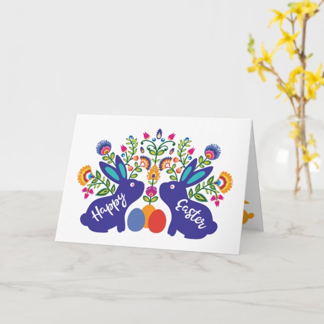 Carte Bunnies 🐰 bleus avec Folklore Touch Texte personn (Fleur jaune)