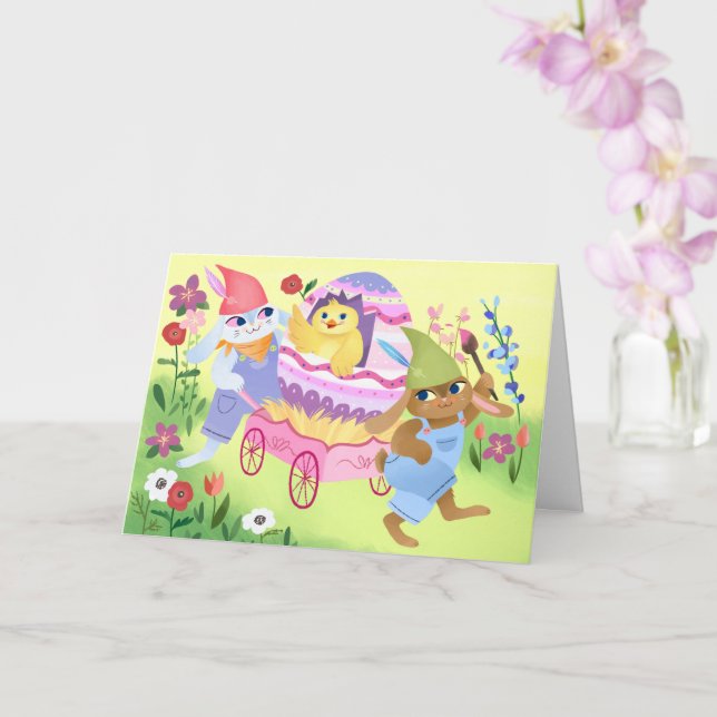 Carte Bunnies et Chick Happy Pâques (Orchidée)