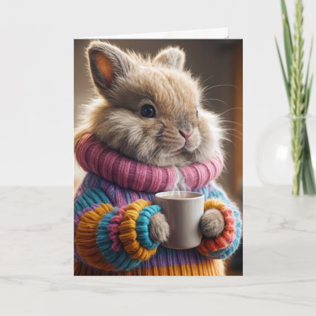 Carte Bunny d'anniversaire tenant une coupe de café (Devant)