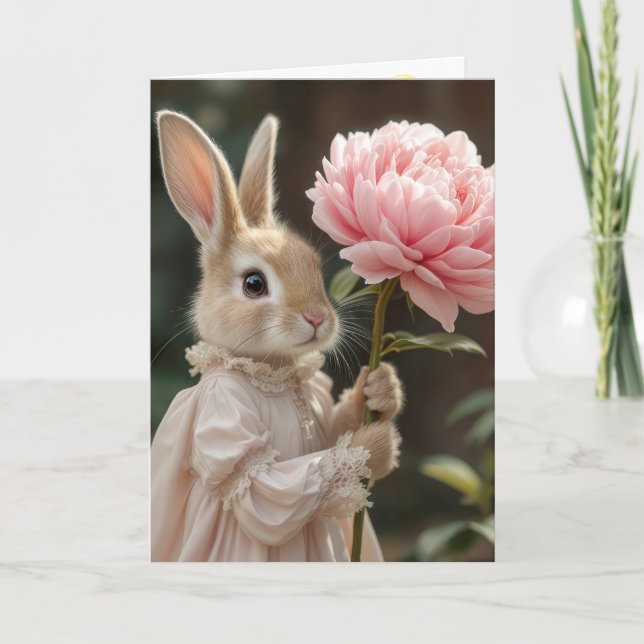 Carte Bunny d'anniversaire tenant une pivoine rose (Devant)