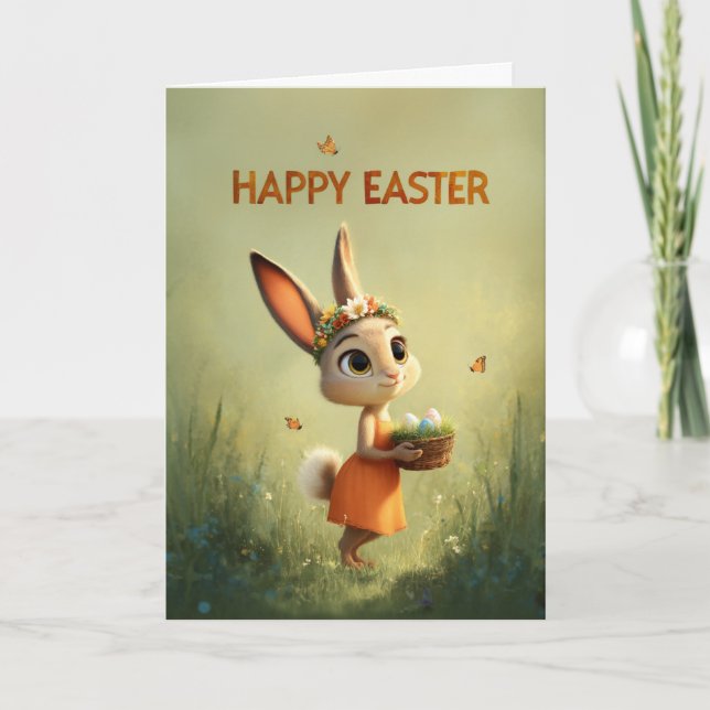 Carte Bunny in Orange Dress Wearing Flower Crown Easter (Devant)