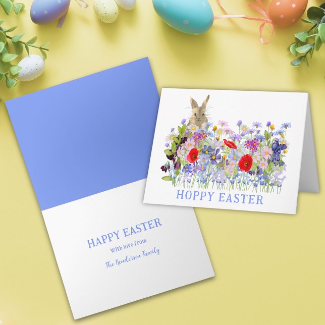 Carte Bunny mignon de Pâques et floral de printemps (Personalized hoppy easter cute bunny colorful wildflower meadow spring floral holiday greetings card)