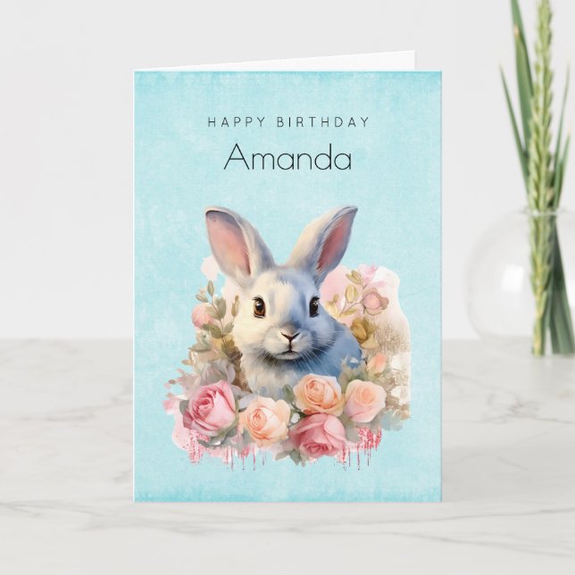 Carte Bunny with a Garland of Roses Cute Birthday (Devant)
