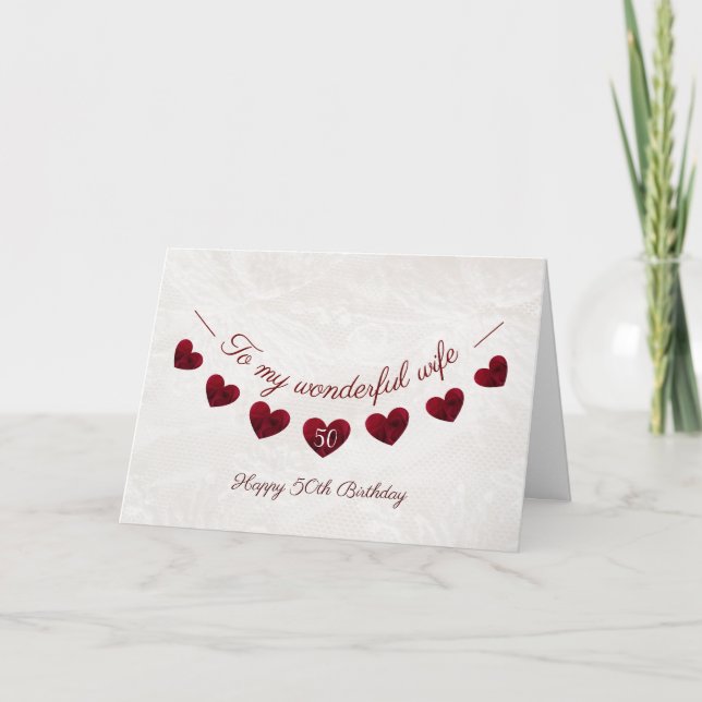 Carte Bunting rouge cœur romantique 50e anniversaire fem (Devant)