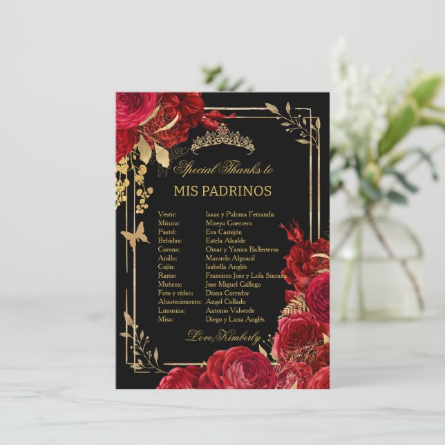 Carte Burgundy Blush Floral QUINCEAÑERA Padrinos (Debout devant)