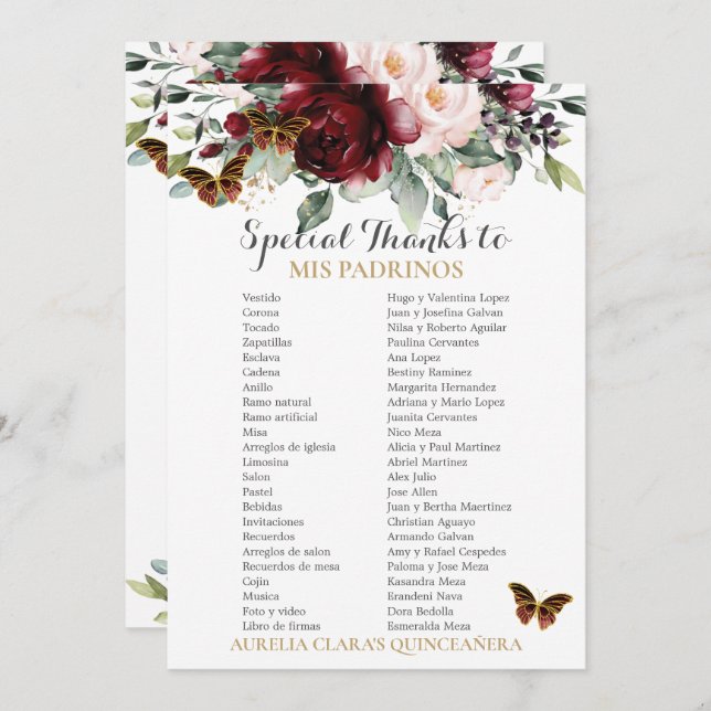 Carte Burgundy Blush Floral QUINCEAÑERA Padrinos (Devant / Derrière)