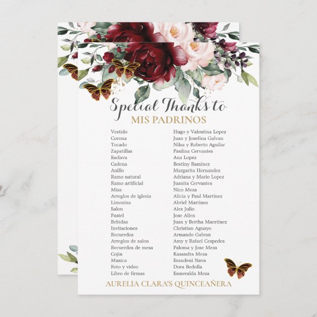 Carte Burgundy Blush Floral QUINCEAÑERA Padrinos (Devant / Derrière)