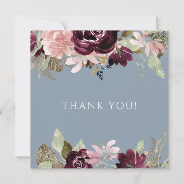 Carte Burgundy Dusty Bleu Élégant Mariage Floral Merci (Devant)