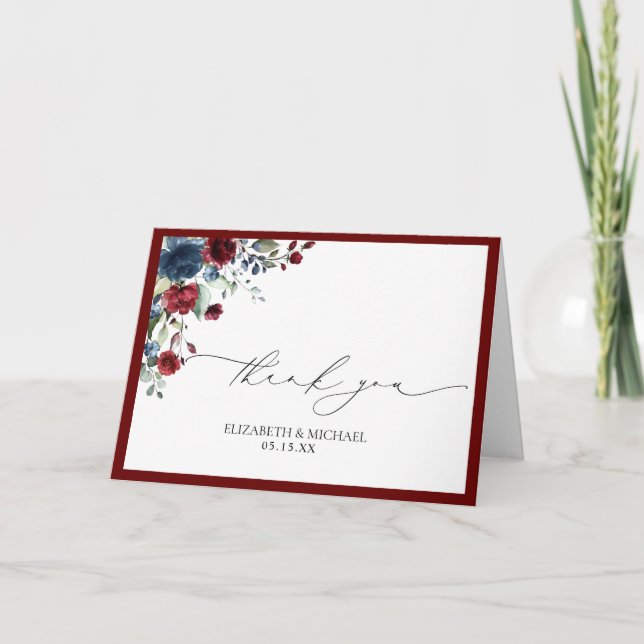 Carte Burgundy Navy Blue Floral Watercolor Mariage photo (Devant)