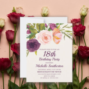 Carte Burgundy Violet Rose Floral 18e Anniversaire