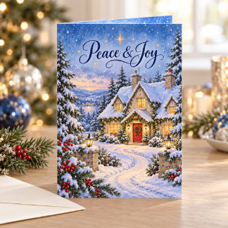 Carte Cabane de Noël enneigée Paix & Joie