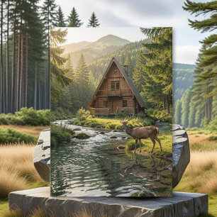 Carte Cabane en rondins, ruisseau et cerf, Fête des Père