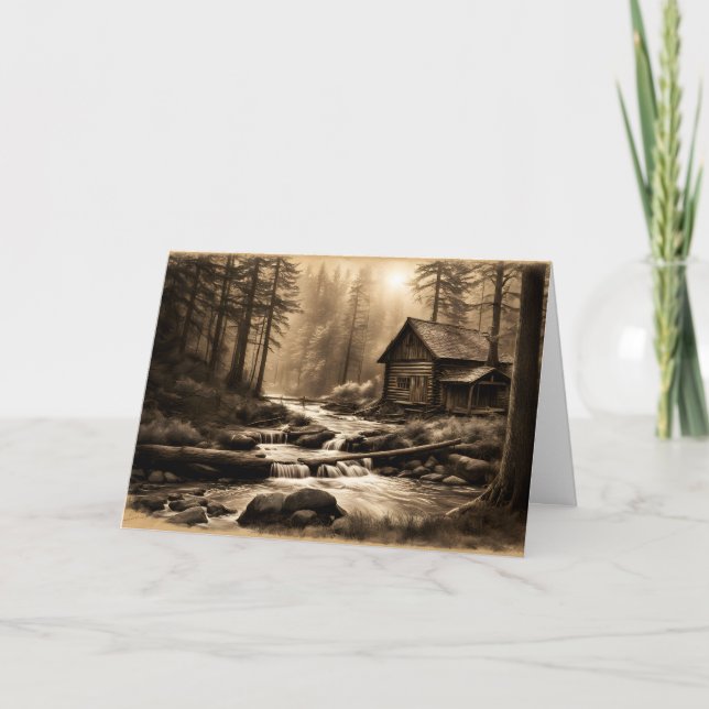 Carte Cabine rustique dans la forêt Sepia Toned Fête des (Devant)