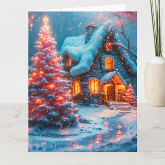 Carte Cabine Whimsical avec arbre de Noël rose (Devant)