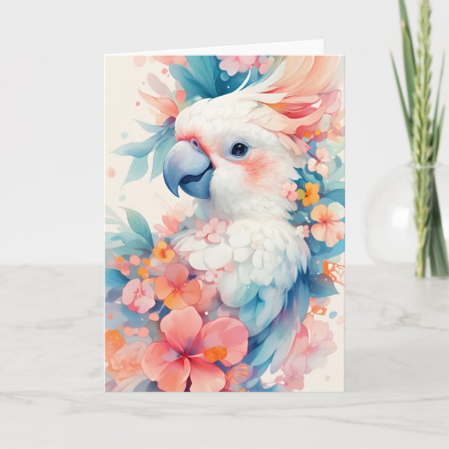 Carte Cacatoès parmi des fleurs éclatantes (Devant)