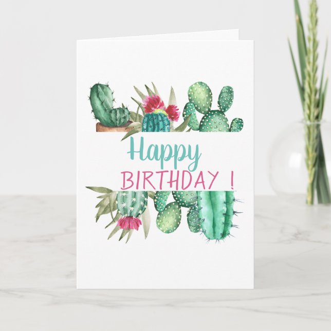 Carte Cactus Aquarelle Élégant Anniversaire (Devant)