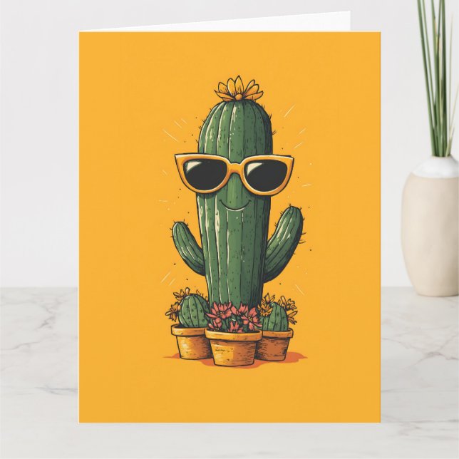 Carte Cactus cool avec lunettes de soleil et fleurs (Devant)