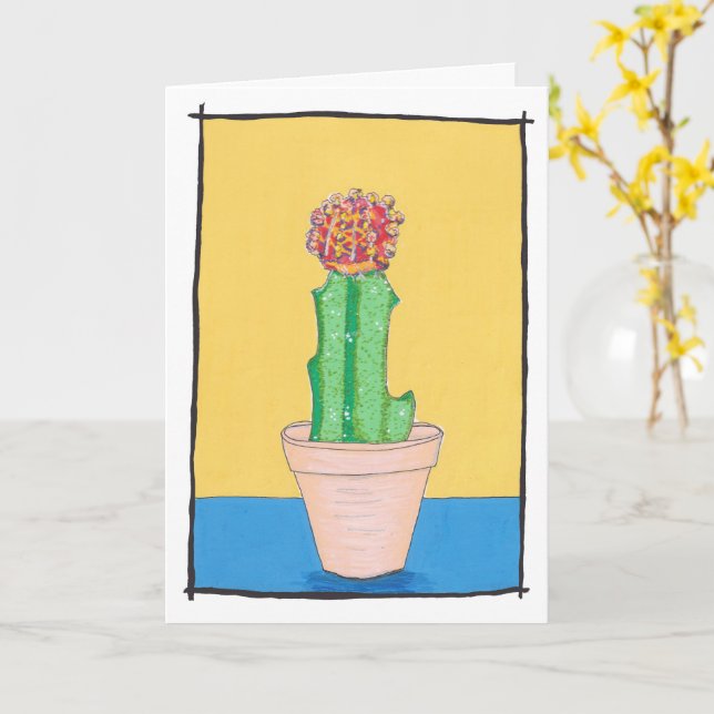 Carte Cactus de balle rouge, dessin d'art naïf, mignonne (Fleur jaune)