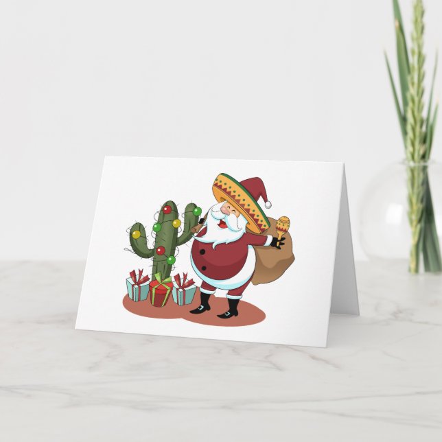 Carte Cactus de dessin animé et Père Noël portant un som (Devant)