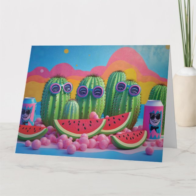 Carte Cactus funky avec lunettes de soleil, pastèque et  (Devant)