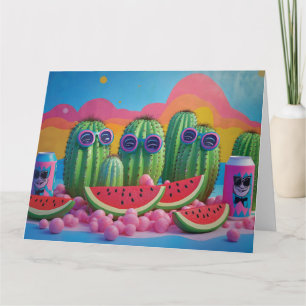Carte Cactus funky avec lunettes de soleil, pastèque et 