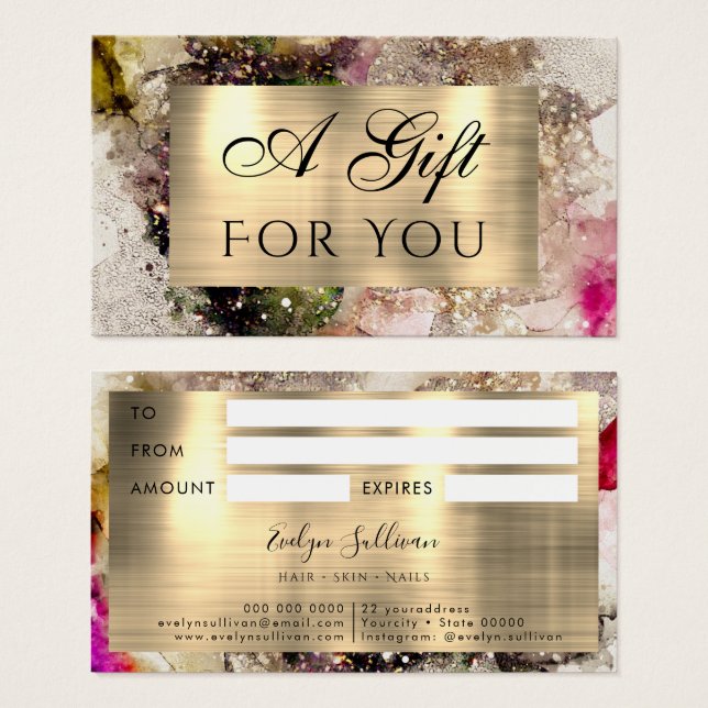 Carte cadeau Aquarelle Rose Vert et Gold Foil (Devant & derrière)