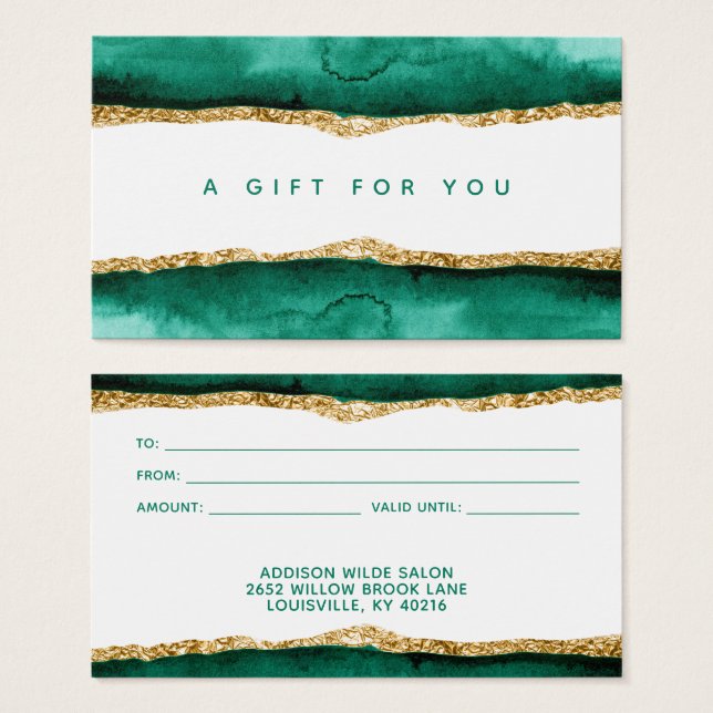 Carte Cadeau Aquarelle Vert Émeraude Et Or (Devant & derrière)