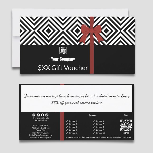 Carte cadeau Black White QR Code Société Note (Black White QR Code Company Note Gift Voucher Card, with Red Ribbon, QR code, Service List, Note)
