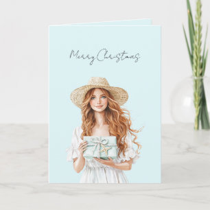 Carte Cadeau Bleu Femme Cheveux Rouges Noël  