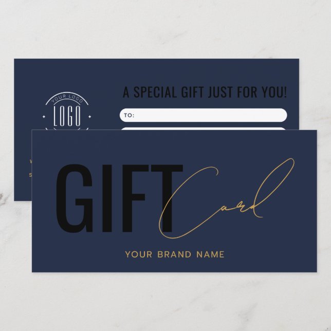 Carte cadeau bleu marine moderne avec logo profess (Devant / Derrière)