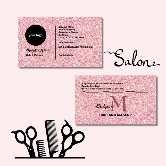 Carte cadeau Blush Glitter Monogram Coiffure & Maq (Créateur téléchargé)