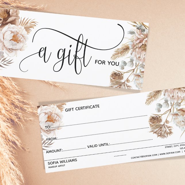 Carte cadeau Boho Modern Rose Floral Certificate (ivory and blush pink boho watercolor floral)