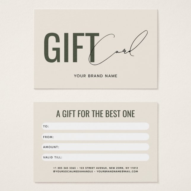 Carte cadeau client beige vert moderne professionn (Devant & derrière)