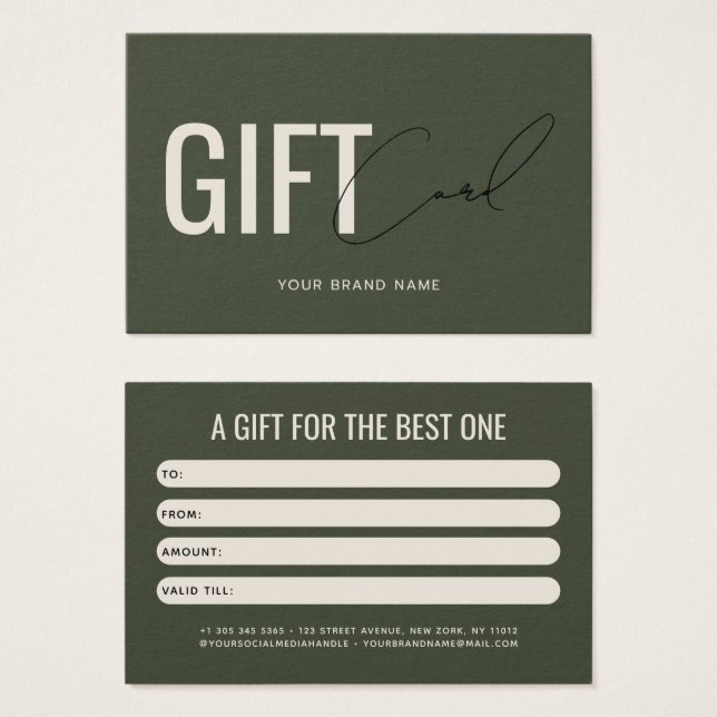 Carte cadeau client vert olive moderne professionn (Devant & derrière)