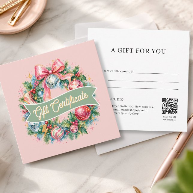 Carte Cadeau Code QR Couronne de Noël Rétro Disco (Retro Disco Christmas Wreath QR Code Pink Gift Certificate)