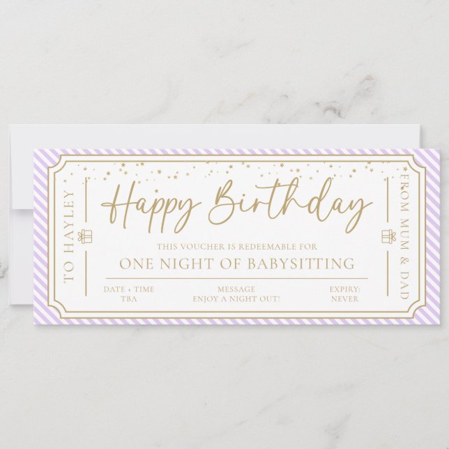 Carte cadeau d'anniversaire pourpre Baby sitting (Devant)