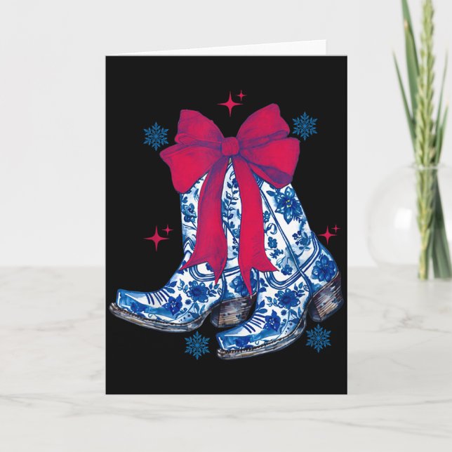 Carte Cadeau de bottes à nœud coquette drôle de Noël Cow (Devant)