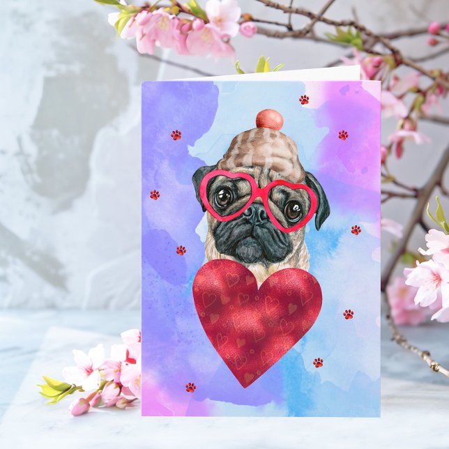Carte Cadeau de la Saint-Valentin Chien Pug Violet Bleu (Créateur téléchargé)