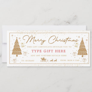 Carte cadeau de Noël en forme d'arbre en or