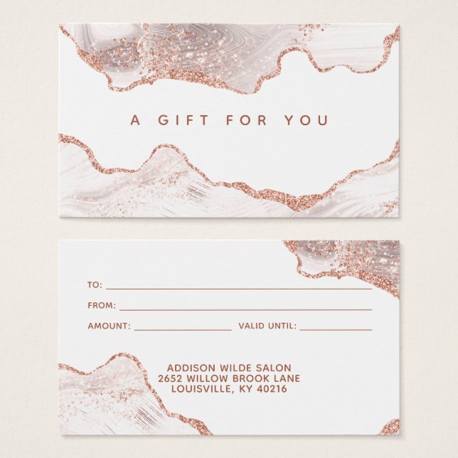 Carte Cadeau en Marbre Blanc Agate Or Rose Élégant (Devant & derrière)