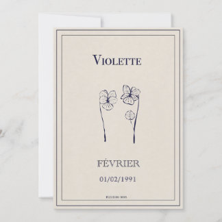 Carte cadeau fleur de naissance février violette