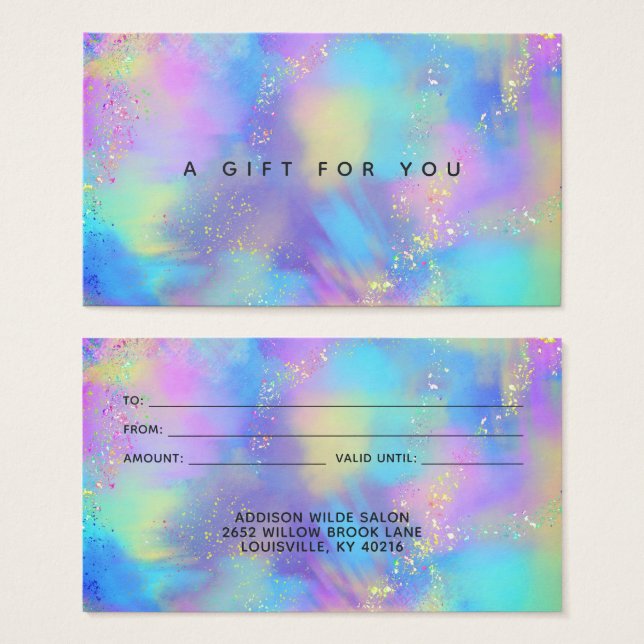 Carte cadeau iridescente Opale Pailletée Holograph (Devant & derrière)