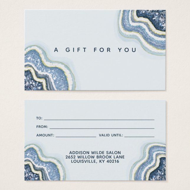 Carte Cadeau Luxe Géode d'Agate Pailletée Bleue (Devant & derrière)