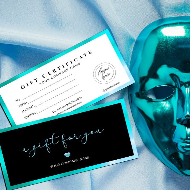 Carte Cadeau Moderne Noir Et Turquoise Ajouter Log (Bold and modern. Our black and turquoise metallic gift certificates make your brand stand out,)