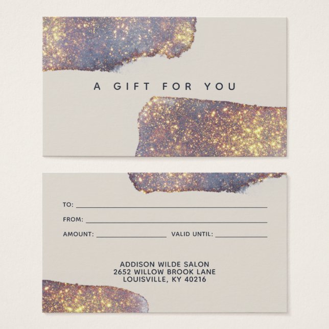 Carte Cadeau Paillettes Glam Or Violet Iridescent (Devant & derrière)
