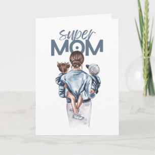 Carte Cadeau personnalisé de super maman avec fils et fi