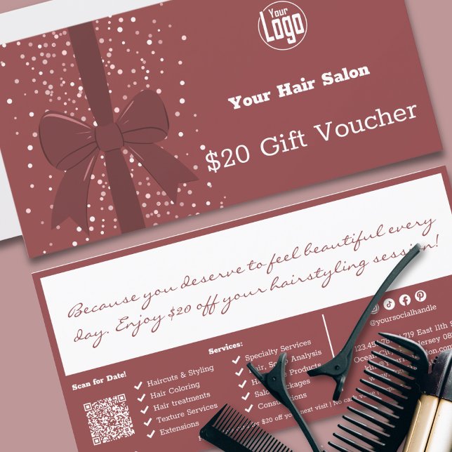 Carte cadeau pour les bons-cadeaux QR Code Service (QR Code Services Salon Note Gift Voucher Card, Smoky Topaz & White, Ribbon)