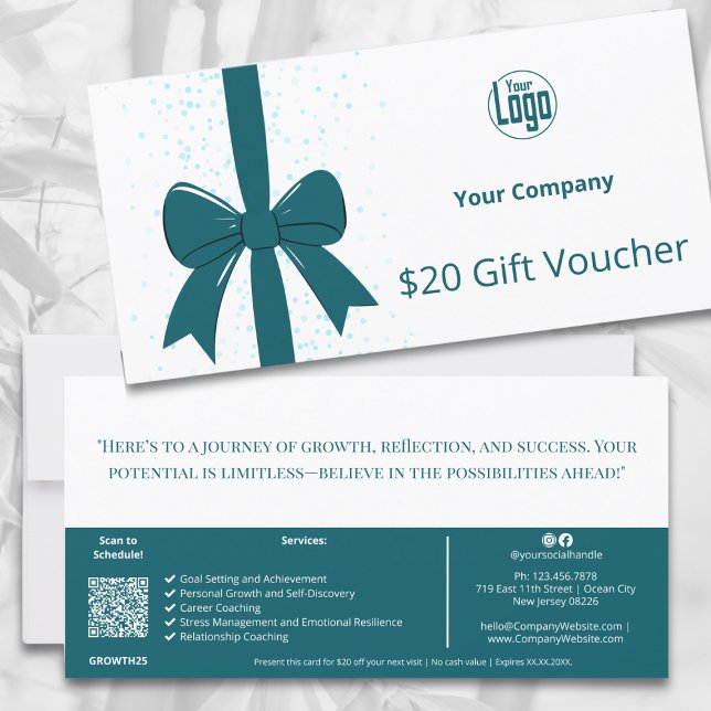 Carte cadeau pour les services d'entraîneurs à vie (QR Code Teal Life Coach Services Gift Voucher Card, Ribbon, Logo, Company Handwritten Note)