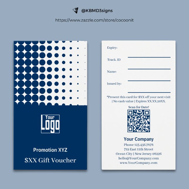 Carte cadeau promotionnelle bleu blanc moderne (Classic Blue White Promotional Gift Voucher Card, Profile Format, Logo, Track.ID., QR code, Terms)