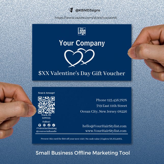 Carte Cadeau Promotionnelle de la Saint-Valentin B (Modern Promotional Blue Valentine's Day Gift Voucher Card, Small Business Offline Marketing Tool)